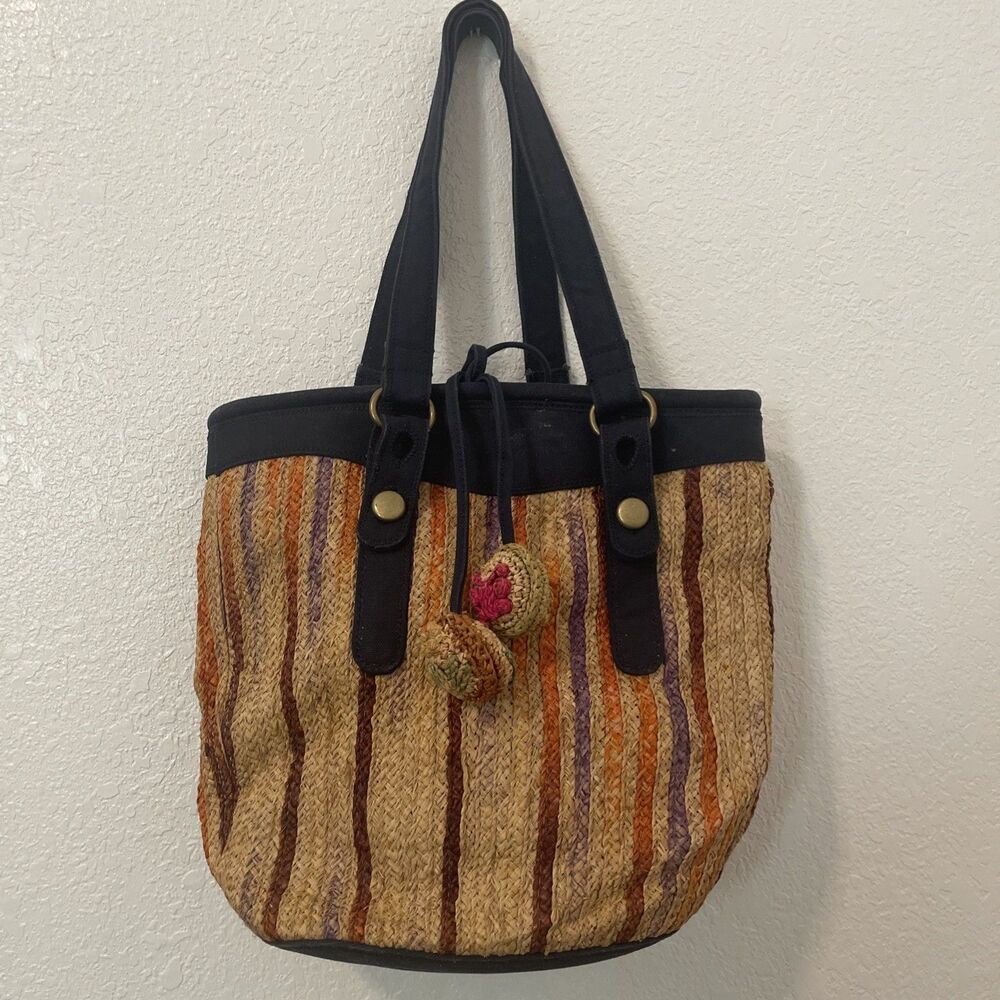 Lucky Brand Handbag tote bag Raffia Straw Summer Spring Cottagecore Resort Navy